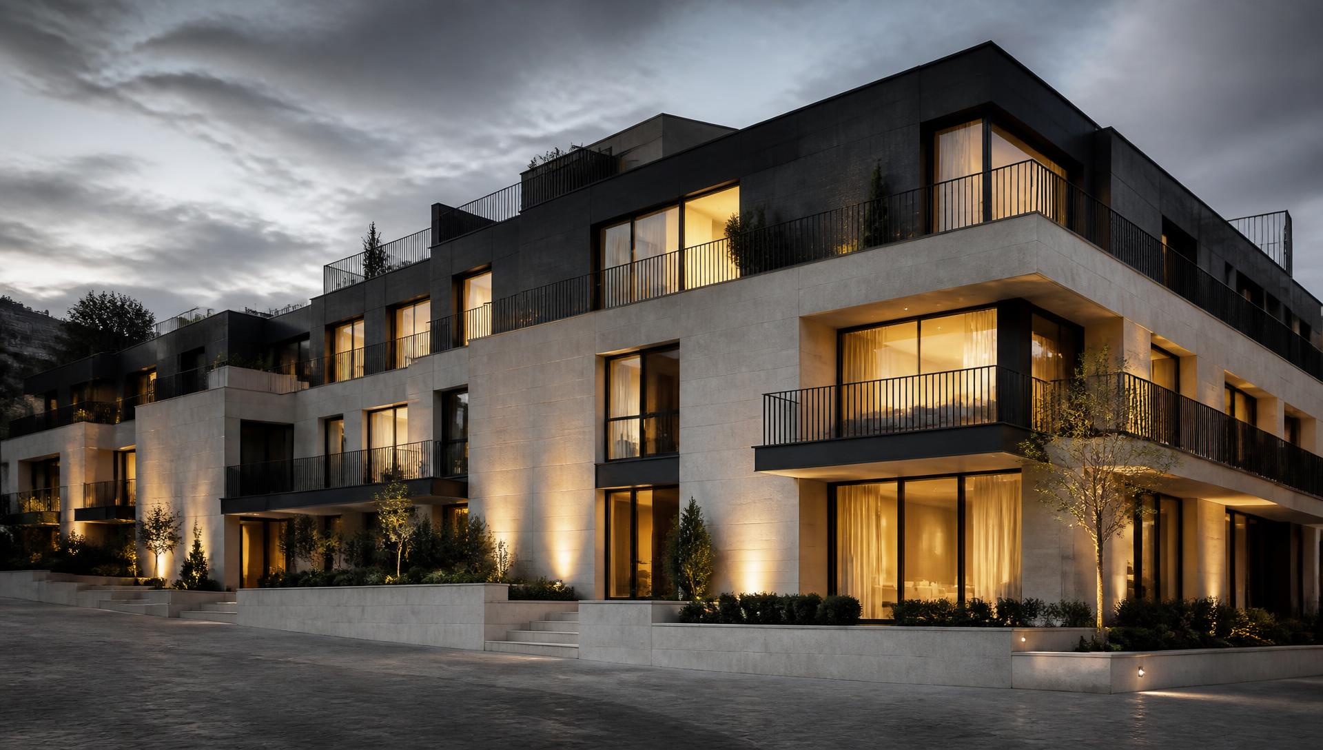Hedendaagse residentiële architectuur in natuursteen bij avondlicht